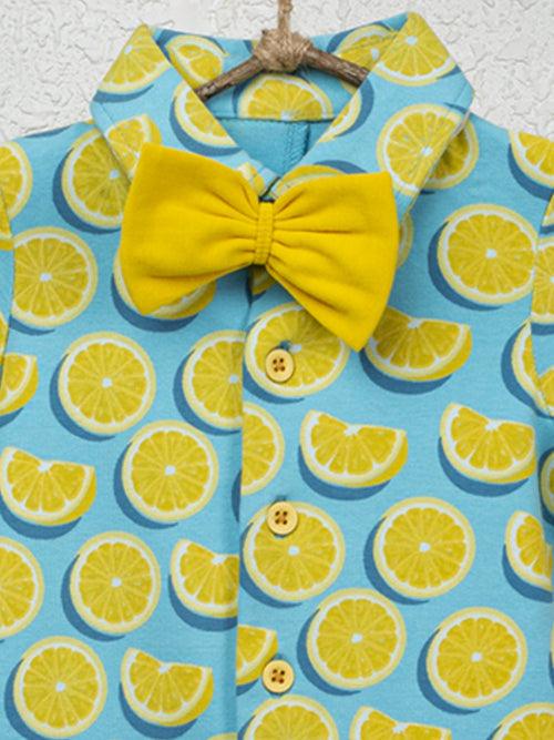 Short Sleeve Aqua Color Lemon Print Half Romper With Bow For Baby Boy