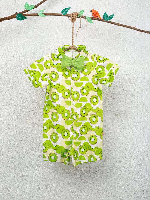 Short Sleeve Kiwi Print Half Romper With Bow For Baby Boy