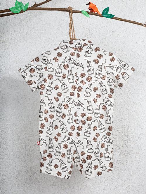 Short Sleeve White Color Milk & Cookies Print Half Romper With Bow For Baby Boy
