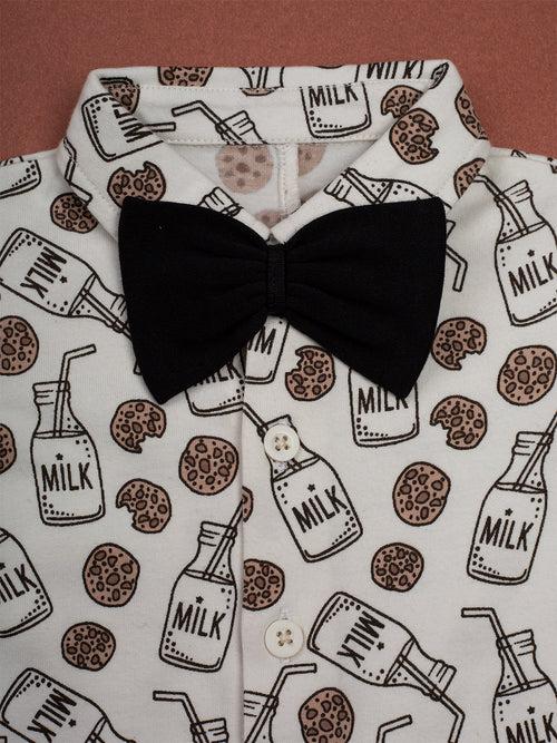 Short Sleeve White Color Milk & Cookies Print Half Romper With Bow For Baby Boy