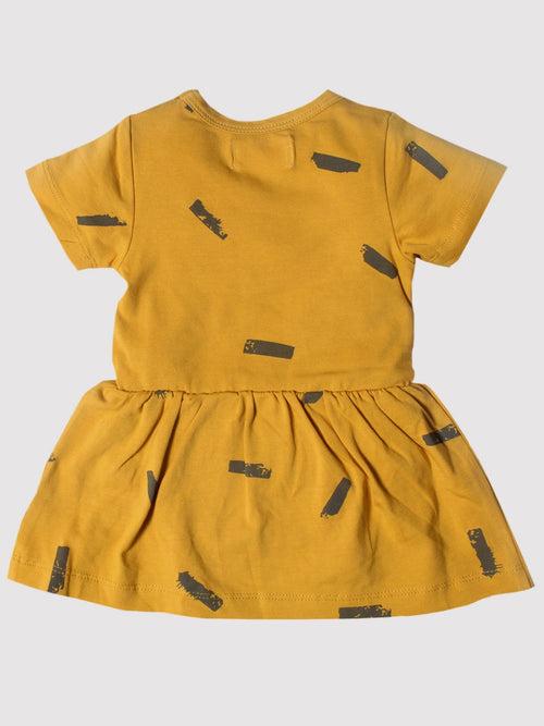 Mustard Color Short Sleeve Dress For Girls.