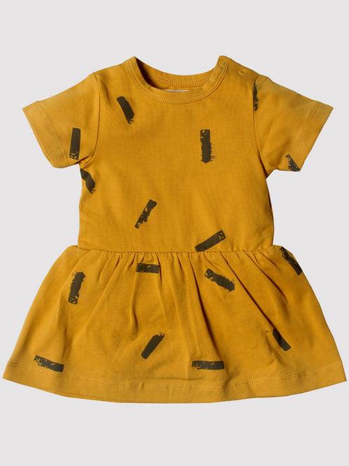 Mustard Color Short Sleeve Dress For Girls.