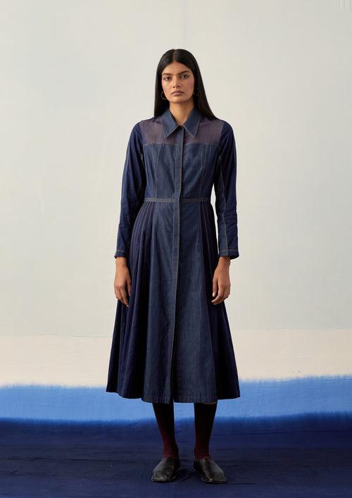 Denim panelled midi shirt dress