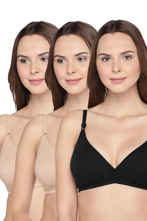 Organic Cotton Antimicrobial Seamless Triangular Bra with Supportive Stitch (Pack of 3)-ISB099-_Skin_Skin_Black-