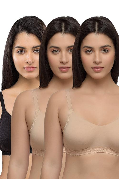 Organic Seamless Laced Bra (Pack of 3)-ISB054-Skin_Skin_Black-