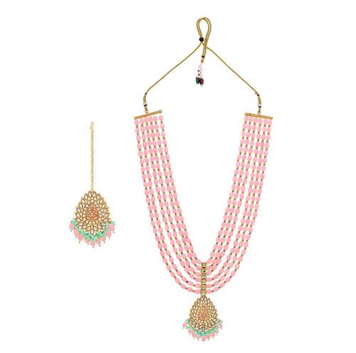 Yellow Chimes Jewellery Set For Women Multilayered Pink Beads Necklace Set Traditional Gold Plated Long Necklace Set I Ethnic Kundan Beads Birthday Gift for Girls & Women Anniversary Gift for Wife