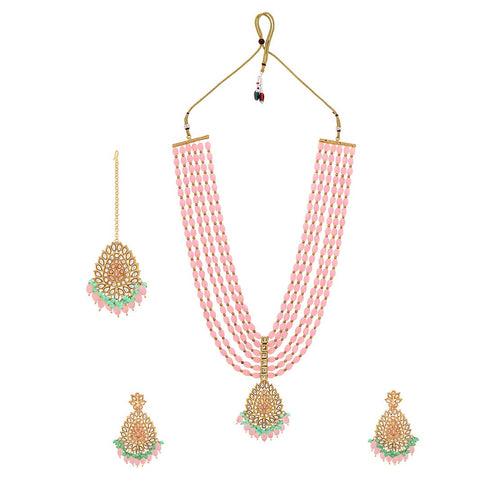 Yellow Chimes Jewellery Set For Women Multilayered Pink Beads Necklace Set Traditional Gold Plated Long Necklace Set I Ethnic Kundan Beads Birthday Gift for Girls & Women Anniversary Gift for Wife