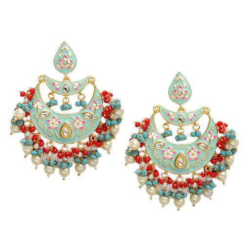 Yellow Chimes Meenakari Chandbali Earrings Gold toned Traditional Blue Chand Bali Earrings for Women and Girls