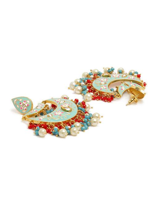 Yellow Chimes Meenakari Chandbali Earrings Gold toned Traditional Blue Chand Bali Earrings for Women and Girls