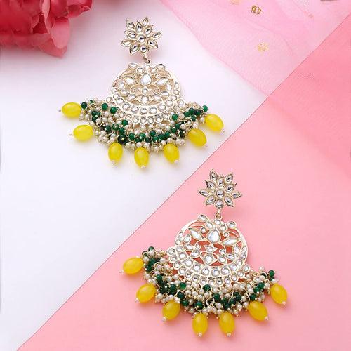 Yellow Chimes Earrings for Women and Girls Traditional Kundan Chandbali | Gold Plated Kundan Studded Yellow Beads Drop Chandbali Earrings | Birthday Gift for girls and women Anniversary Gift for Wife