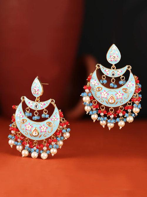 Yellow Chimes Meenakari Chandbali Earrings Gold toned Traditional Blue Chand Bali Earrings for Women and Girls