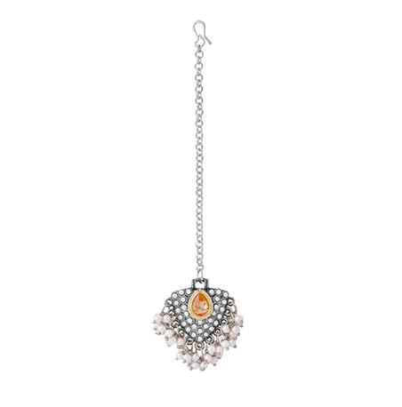 Yellow Chimes Maang Tikka for Women Oxidised Silver Plated Studded Beads Drop Maangtikka for Women and Girls