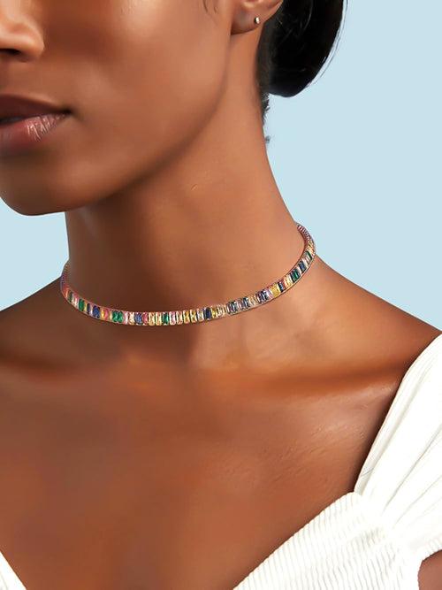 Yellow Chimes Necklace for Women and Girls Fashion Multicolor Crystal Choker Necklace for Women | Rosegold Plated Zirconia Choker Necklace | Birthday Gift for Girls & Women Anniversary Gift for Wife