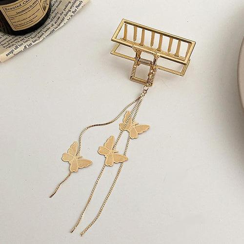 Yellow Chimes Hair Clip for Women Gold Toned Cluthers Long Hair Claw Clip with Hanging Butterfly Charm Hair Clutch for Women and Girls