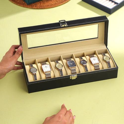 Yellow Chimes Watch Box Organizer for Men And Women Watch Case Storage Organiser PU Leather Bracelet Watch Collection Box | Watch Case with Large Glass Lid | Gift For Men Women