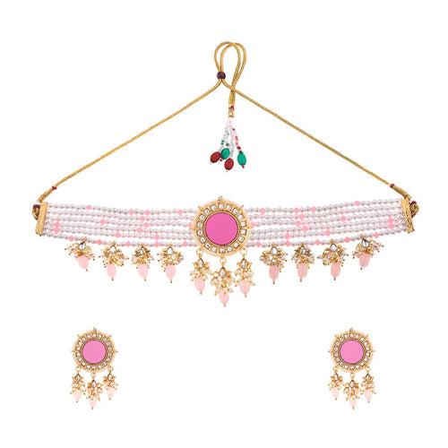 Yellow Chimes Jewellery Set for Women Traditional Pink Beads Choker Necklace Set Mirror Worked Gold Plated Choker Set for Girls Birthday Gift for Girls & Women Anniversary Gift for Wife