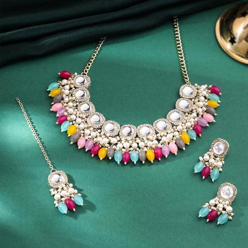 Yellow Chimes Jewellery Set for Women | Traditional Multicolor Pearl Beads Choker Necklace Set | Ethnic Gold Plated Choker Set for Girls Birthday Gift for Girls & Women | Anniversary Gift for Wife