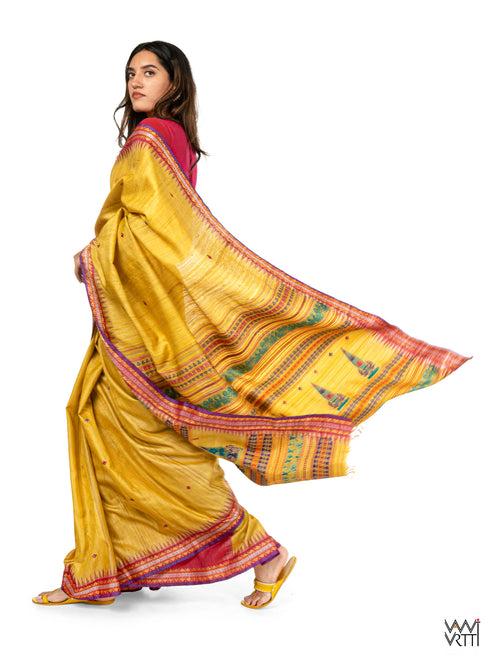 Yellow Mughal Garden Exclusive Handspun Tussar Silk Saree