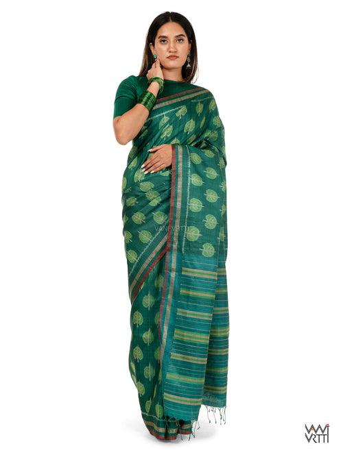 Emerald Green Peepal Ikat Handspun Tussar Silk Saree