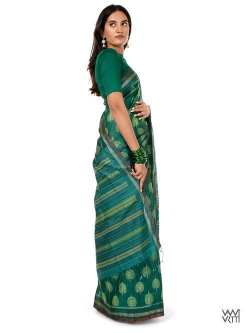 Emerald Green Peepal Ikat Handspun Tussar Silk Saree