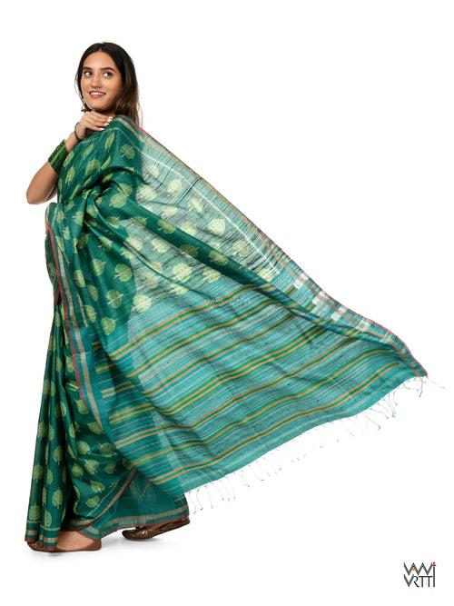 Emerald Green Peepal Ikat Handspun Tussar Silk Saree