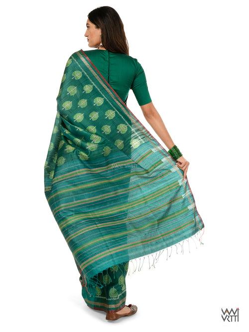 Emerald Green Peepal Ikat Handspun Tussar Silk Saree