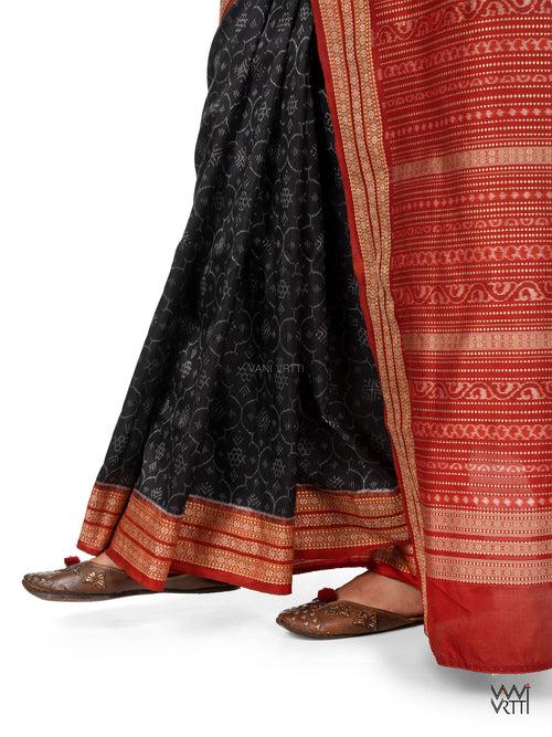 Iron Rust Black Madder Shamma Prakritik Natural Dyed Mulberry Silk Ikat Saree