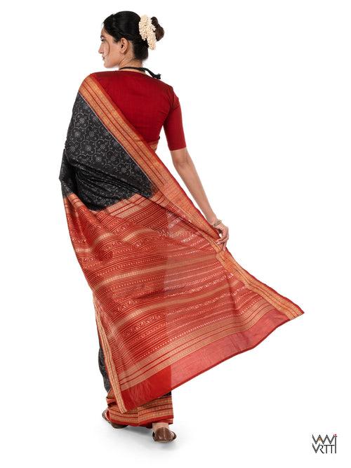 Iron Rust Black Madder Shamma Prakritik Natural Dyed Mulberry Silk Ikat Saree