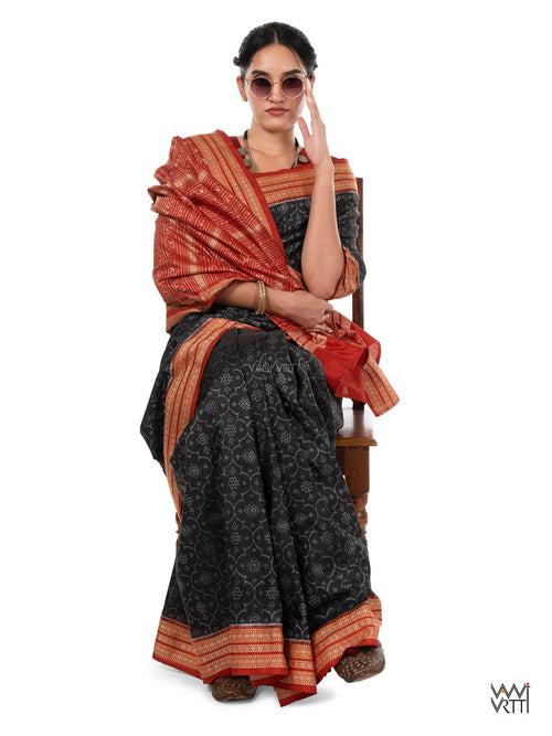 Iron Rust Black Madder Shamma Prakritik Natural Dyed Mulberry Silk Ikat Saree