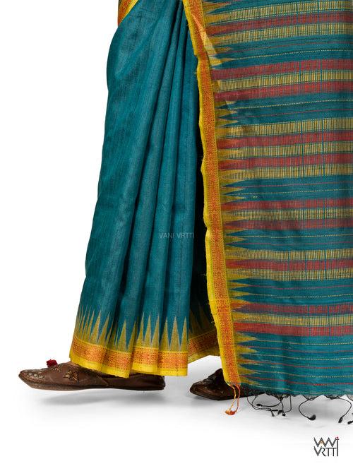 Deep Teal Red Mustard Aarush Handspun Tussar Silk Saree