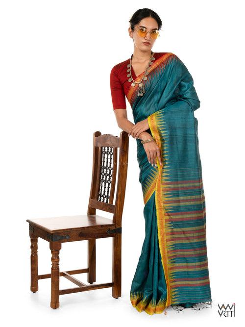 Deep Teal Red Mustard Aarush Handspun Tussar Silk Saree