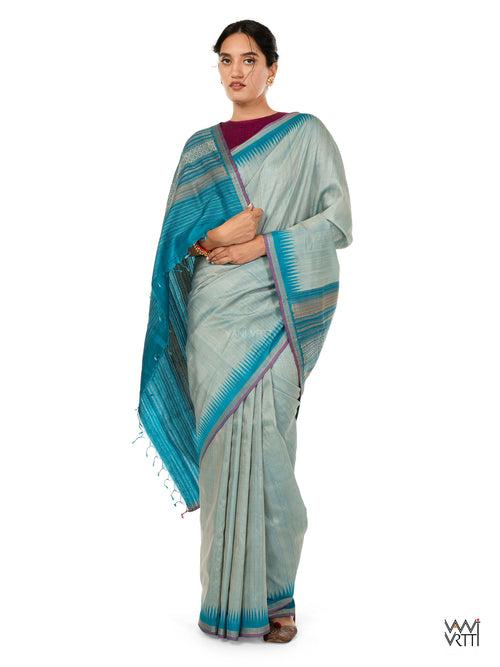 Ash Grey Firozi Nabh Handspun Tussar Silk Saree