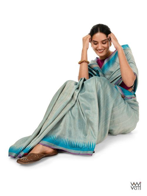 Ash Grey Firozi Nabh Handspun Tussar Silk Saree