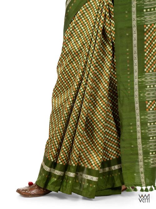 Mehendi Green Saktapar Bandha Double Ikat Master Weave Sambalpuri Mulberry Silk Saree