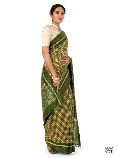 Mehendi Green Saktapar Bandha Double Ikat Master Weave Sambalpuri Mulberry Silk Saree