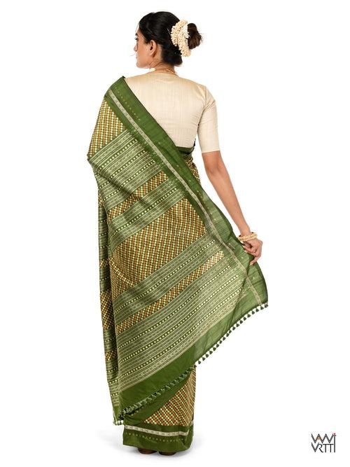 Mehendi Green Saktapar Bandha Double Ikat Master Weave Sambalpuri Mulberry Silk Saree