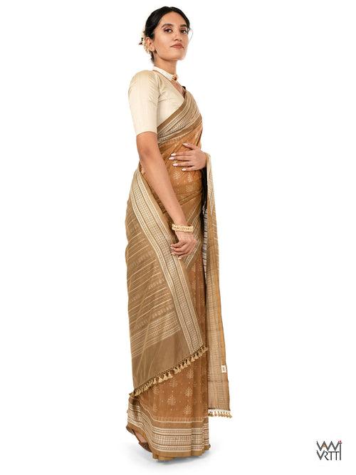 Khadi Brown Tree of Life Natural Dyed Mulberry Silk Ikat Saree