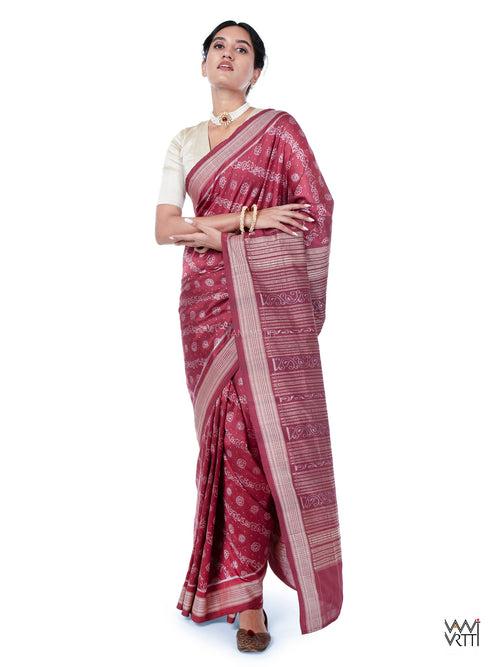 Burgundy Pink Mehendi Bail Phool Prakritik Lac Natural Dyed Mulberry Silk Ikat Saree