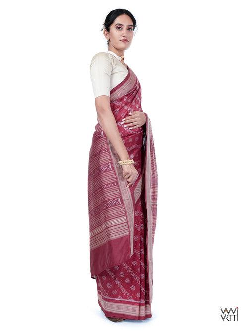 Burgundy Pink Mehendi Bail Phool Prakritik Lac Natural Dyed Mulberry Silk Ikat Saree