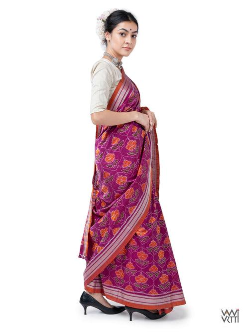 Deep Purplish Bougainvillea Pink Laal Jaba Mulberry Silk Ikat Sari