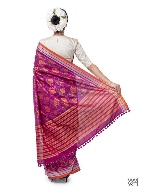 Deep Purplish Bougainvillea Pink Laal Jaba Mulberry Silk Ikat Sari