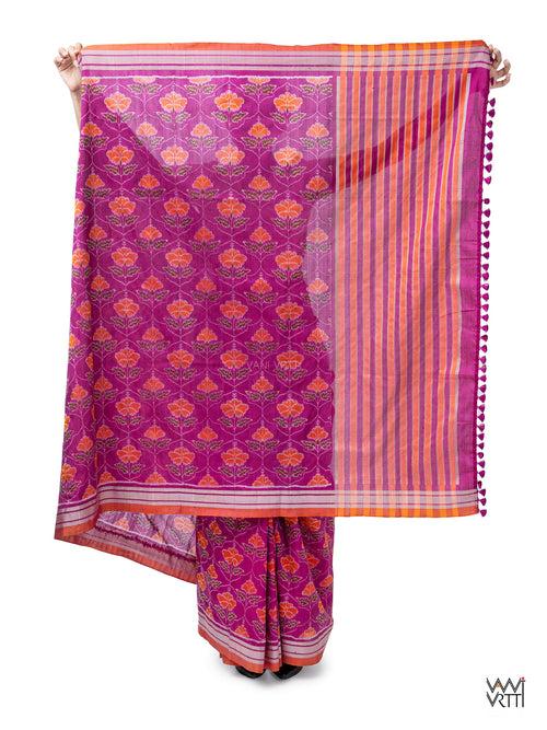 Deep Purplish Bougainvillea Pink Laal Jaba Mulberry Silk Ikat Sari