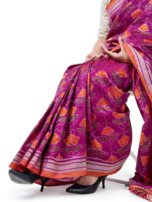 Deep Purplish Bougainvillea Pink Laal Jaba Mulberry Silk Ikat Sari