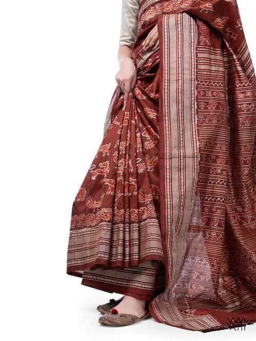 Madder Red Vanya Jeevan Prakritik Natural Dyed Mulberry Silk Ikat Saree