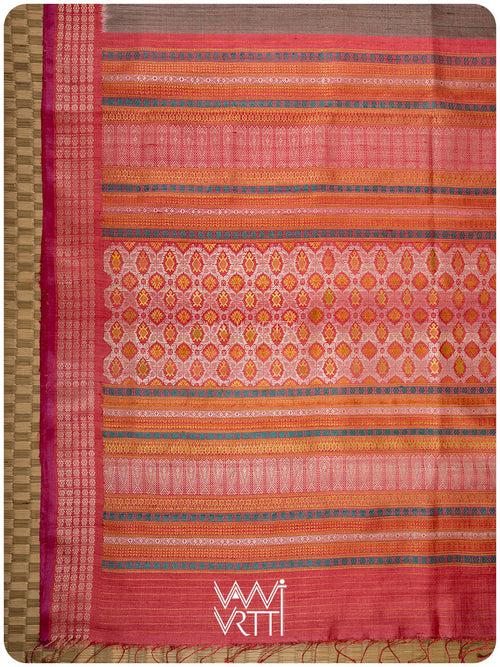 Silver Oak Brown Matsya Kachhap Handspun Tussar Silk Saree