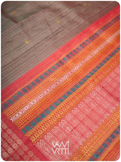 Silver Oak Brown Matsya Kachhap Handspun Tussar Silk Saree