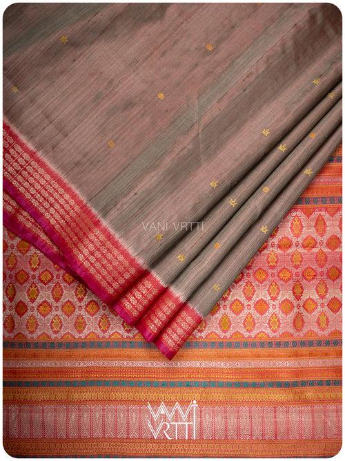 Silver Oak Brown Matsya Kachhap Handspun Tussar Silk Saree