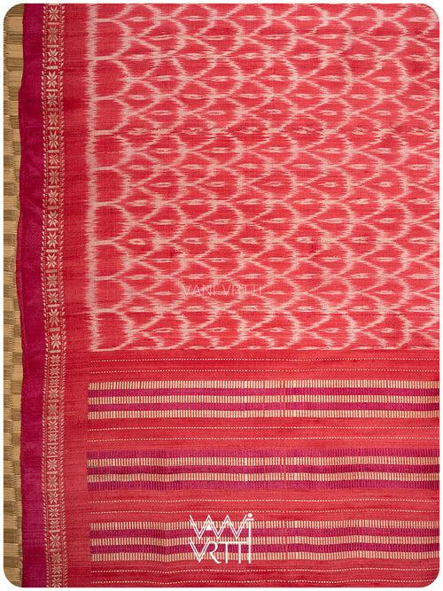 Watermelon Red Samudra Lahar Ikat Handspun Tussar Silk Sari