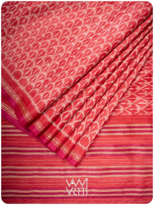 Watermelon Red Samudra Lahar Ikat Handspun Tussar Silk Sari