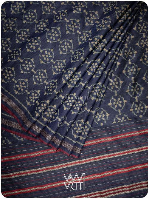 Midnight Blue Nargis Ikat Handspun Tussar Silk Sari